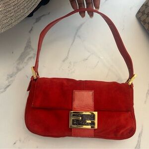 Fendi Red Suede Shoulder Bag with Gold Hardware